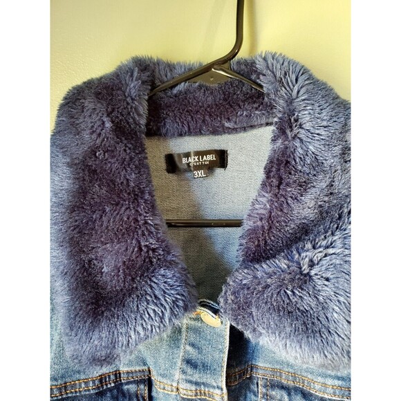 Black Label C’est Toi Women's Sz 3XL Distress Denim Navy Faux Fur Button Jacket - Picture 9 of 16